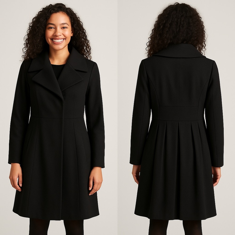 Nine West Women’s Black Wool-Blend Pleated-Back Coat – Size 10